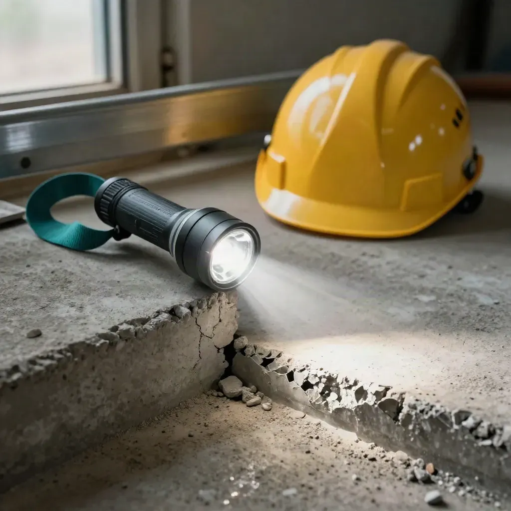 Torcia illumina un bordo di cemento scheggiato vicino a casco e barriera metallica.