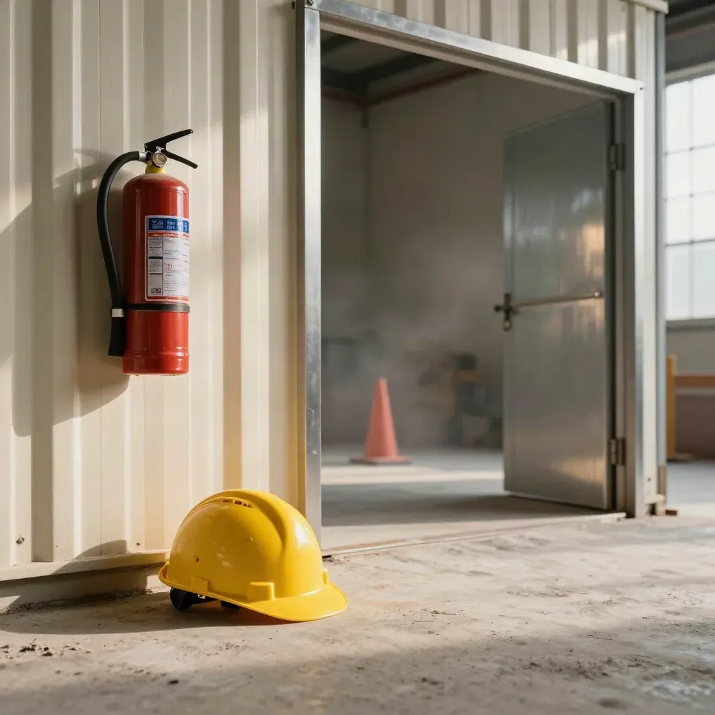 Casco, cono e porta in acciaio in un magazzino per audit sicurezza