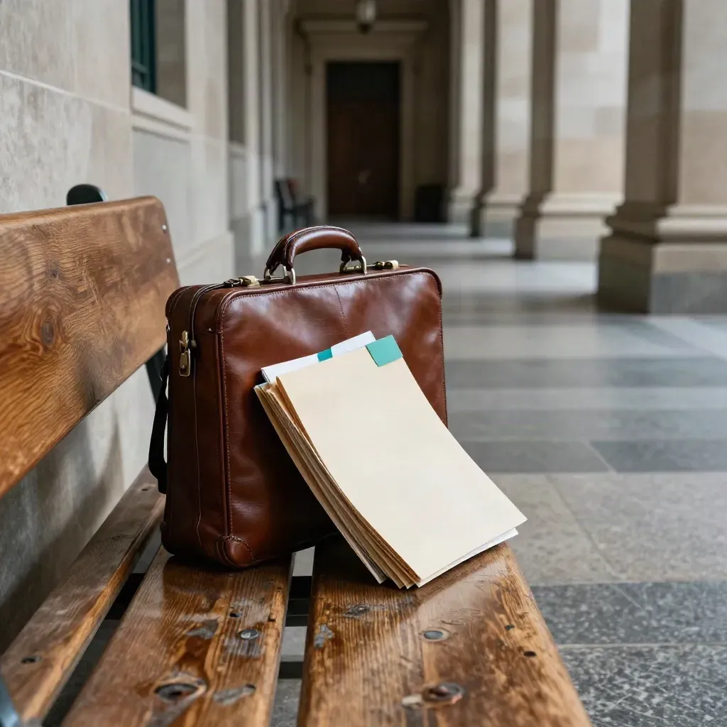 Borsa portadocumenti e fascicoli su una panca in un corridoio di tribunale