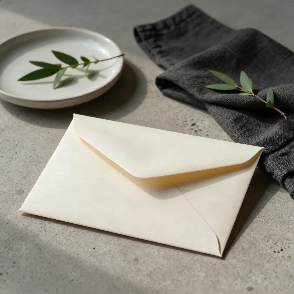 Busta di ritorno sigillata, piattino in ceramica, stoffa scura e rametto verde su vassoio in pietra.